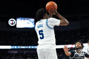 Creighton Bluejays Jamiya Neal shoots a pull up jump shot during a college basketball game against Georgetown on February 23rd, 2025 in Omaha Nebraska. Photo by Brandon Tiedemann.