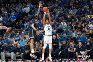 Creighton Bluejays Jasen Green shoots a three pointer during a college basketball game against Georgetown on February 23rd, 2025 in Omaha Nebraska. Photo by Brandon Tiedemann.