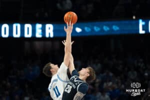 Creighton Bluejays Ryan Kalkbrenner jumps for the tip during a college basketball game against Georgetown on February 23rd, 2025 in Omaha Nebraska. Photo by Brandon Tiedemann.