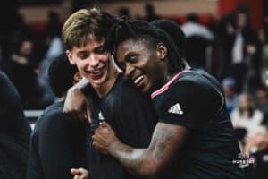 Omaha Mavericks JJ White and Aidan Skradis celebrate during a basketball game at Baxter Arena on February 22nd, 2025 in Omaha Nebraska. Photo by Collin Stilen.