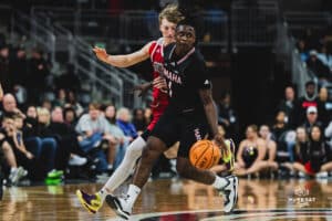 Omaha Maverick JJ White with the basketball during a basketball game at Baxter Arena on February 22nd, 2025 in Omaha Nebraska. Photo by Collin Stilen.