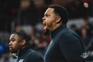 Omaha Maverick assistant coach Josh Crutchfield talking to the players during a basketball game at Baxter Arena on February 22nd, 2025 in Omaha Nebraska. Photo by Collin Stilen.