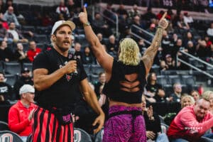 AEW wrestling icons Turbo Floyd and Truth Magnum during a basketball game at Baxter Arena on February 22nd, 2025 in Omaha Nebraska. Photo by Collin Stilen.