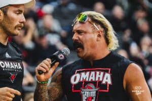 AEW wrestling icons Turbo Floyd and Truth Magnum during a basketball game at Baxter Arena on February 22nd, 2025 in Omaha Nebraska. Photo by Collin Stilen.