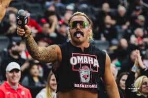 AEW wrestling icon during a basketball game at Baxter Arena on February 22nd, 2025 in Omaha Nebraska. Photo by Collin Stilen.
