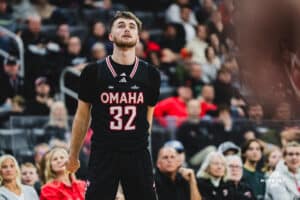 Omaha Maverick Tony Osburn watches his three attempt during a basketball game at Baxter Arena on February 22nd, 2025 in Omaha Nebraska. Photo by Collin Stilen.