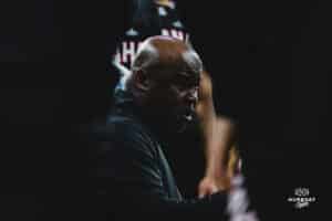 Omaha Maverick head coach Chris Crutchfield talking to the players during a timeout during a basketball game at Baxter Arena on February 22nd, 2025 in Omaha Nebraska. Photo by Collin Stilen.