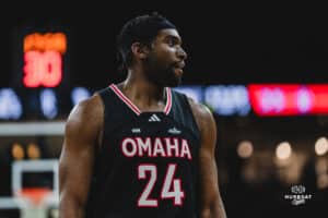 Omaha Maverick Isaac Ondekane during a basketball game at Baxter Arena on February 22nd, 2025 in Omaha Nebraska. Photo by Collin Stilen.