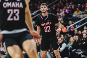 Omaha Maverick Tony Osburn watching a rebound occur during a basketball game at Baxter Arena on February 22nd, 2025 in Omaha Nebraska. Photo by Collin Stilen.