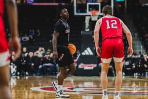 Omaha Maverick JJ White with the ball during a basketball game at Baxter Arena on February 22nd, 2025 in Omaha Nebraska. Photo by Collin Stilen.