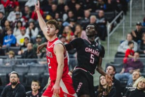 Omaha Maverick Ja'Sean Glover shoots a three during a basketball game at Baxter Arena on February 22nd, 2025 in Omaha Nebraska. Photo by Collin Stilen.