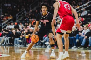 Omaha Maverick Lance Waddles looks for a pass during a basketball game at Baxter Arena on February 22nd, 2025 in Omaha Nebraska. Photo by Collin Stilen.