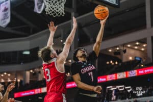 Omaha Maverick Lance Waddles goes for a layup during a basketball game at Baxter Arena on February 22nd, 2025 in Omaha Nebraska. Photo by Collin Stilen.