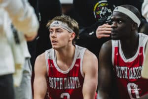 South Dakota at the timeout during a basketball game at Baxter Arena on February 22nd, 2025 in Omaha Nebraska. Photo by Collin Stilen.