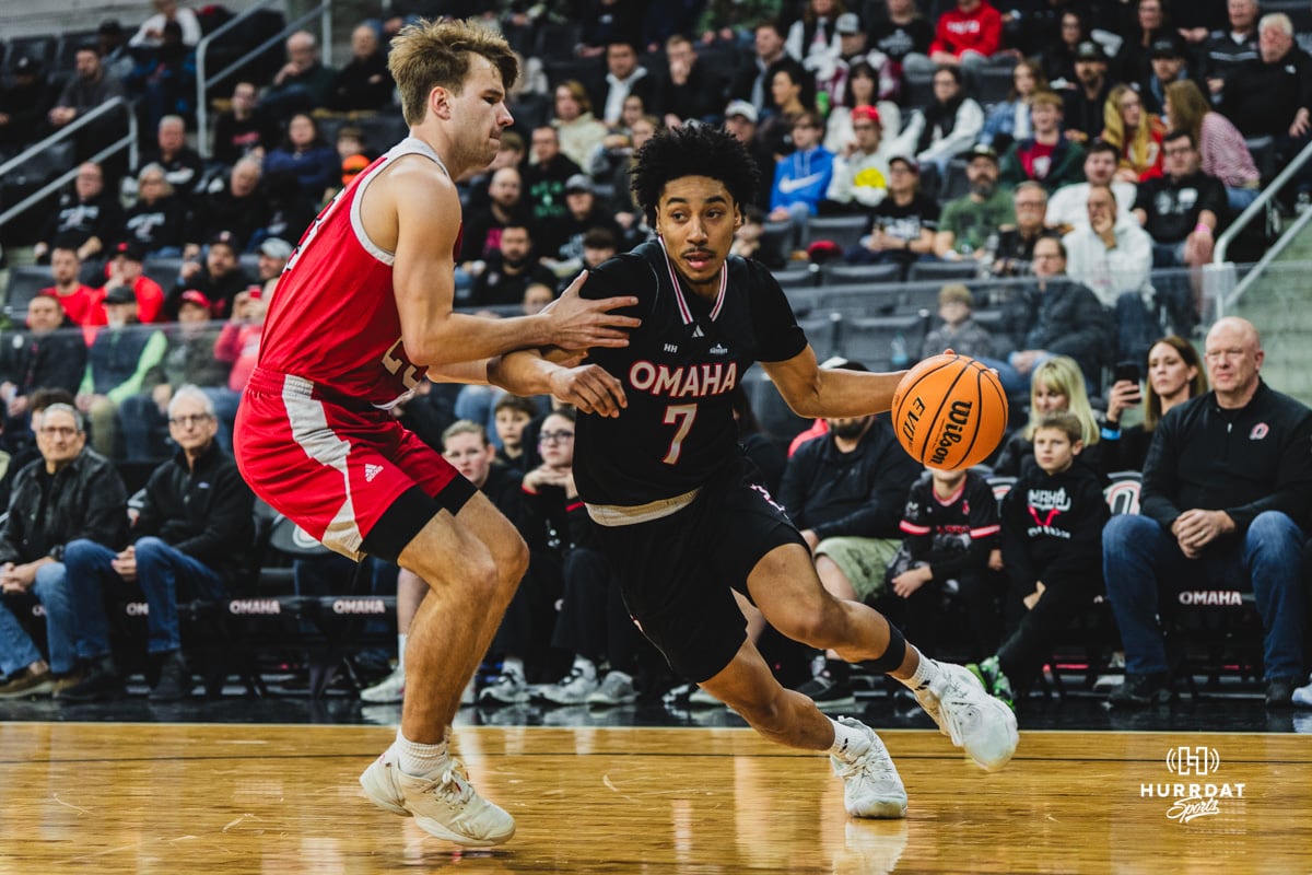 Omaha Maverick Lance Waddles drives to the bucket during a basketball game at Baxter Arena on February 22nd, 2025 in Omaha Nebraska. Photo by Collin Stilen.