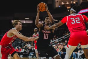 Omaha Maverick Marquel Sutton drives to the rim during a basketball game at Baxter Arena on February 22nd, 2025 in Omaha Nebraska. Photo by Collin Stilen.