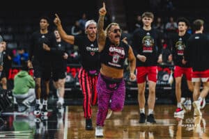Omaha Mavericks invited AEW wrestling icons, Turbo Floyd and Truth Magnum during a basketball game at Baxter Arena on February 22nd, 2025 in Omaha Nebraska. Photo by Collin Stilen.
