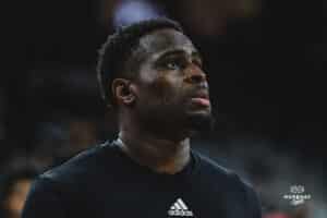 Omaha Maverick Pablo Soumare during pregame during a basketball game at Baxter Arena on February 22nd, 2025 in Omaha Nebraska. Photo by Collin Stilen.