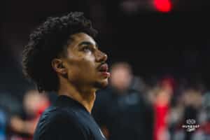 Omaha Maverick Lance Waddles during pregame during a basketball game at Baxter Arena on February 22nd, 2025 in Omaha Nebraska. Photo by Collin Stilen.