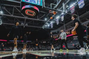 Omaha Mavericks warm up during a basketball game at Baxter Arena on February 22nd, 2025 in Omaha Nebraska. Photo by Collin Stilen.