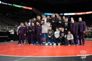 Battle Creek poses after winning the Class C team championship during the 2025 Nebraska State Wrestling Championships on February 22nd, 2025 in Omaha Nebraska. Photo by Brandon Tiedemann.
