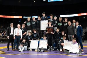 Skutt Cathloic poses after winning the Class B team title during the 2025 Nebraska State Wrestling Championships on February 22nd, 2025 in Omaha Nebraska. Photo by Brandon Tiedemann.