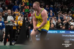 Tyson Terry celebrates during the 2025 Nebraska State Wrestling Championships on February 22nd, 2025 in Omaha Nebraska. Photo by Brandon Tiedemann.