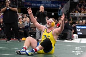 Tyson Terry celebrates after winning during the 2025 Nebraska State Wrestling Championships on February 22nd, 2025 in Omaha Nebraska. Photo by Brandon Tiedemann.
