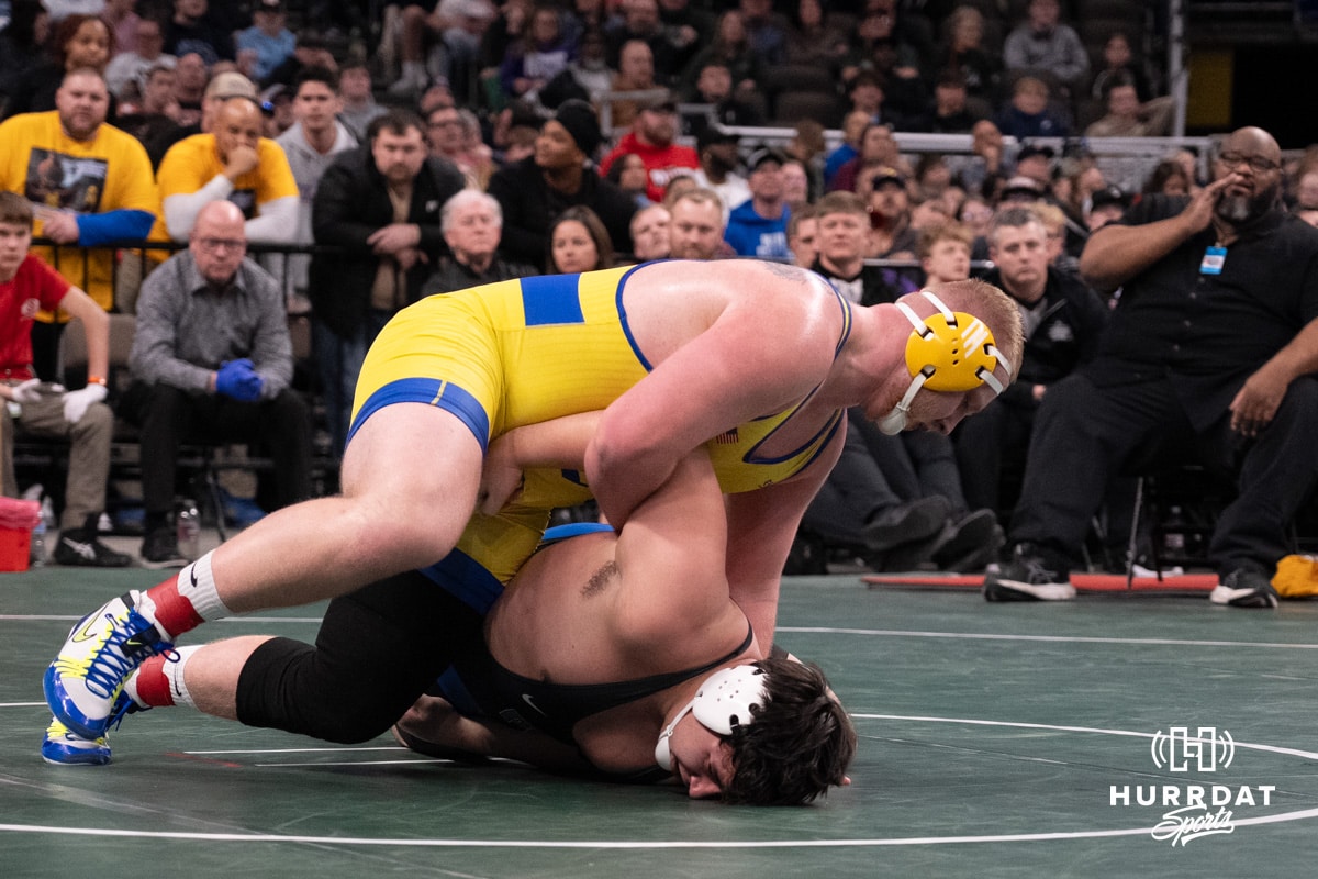 Tyson Terry attempts to pin his oppentent during the 2025 Nebraska State Wrestling Championships on February 22nd, 2025 in Omaha Nebraska. Photo by Brandon Tiedemann.