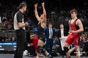 Cade Ziola celebrates after winning his thrid state championship during the 2025 Nebraska State Wrestling Championships on February 22nd, 2025 in Omaha Nebraska. Photo by Brandon Tiedemann.