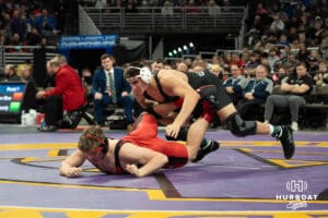Cade Ziola attacks oppentent during the 2025 Nebraska State Wrestling Championships on February 22nd, 2025 in Omaha Nebraska. Photo by Brandon Tiedemann.