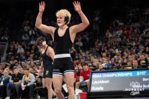 Kyler Lauridsen celebrates after winning his 4th state title during the 2025 Nebraska State Wrestling Championships on February 22nd, 2025 in Omaha Nebraska. Photo by Brandon Tiedemann.