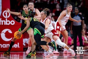 Nebraska Cornhusker guard Callin Hake (14) guards Oregon Duck guard Deja Kelly (25) in the fourth quarter during a college women’s basketball game Wednesday, February 19, 2025 in Lincoln, Nebraska. Photo by John S. Peterson.