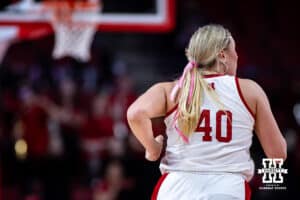 Nebraska Cornhusker center Alexis Markowski (40) has a pink ribbon in her hair for breast cancer awareness during a college women’s basketball game against the Oregon Ducks Wednesday, February 19, 2025 in Lincoln, Nebraska. Photo by John S. Peterson.