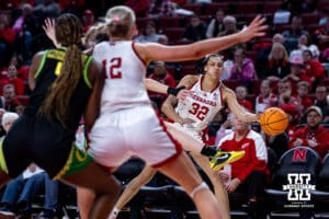 Nebraska Cornhusker forward Kendall Coley (32) makes a pass to Nebraska Cornhusker center Alexis Markowski (40) in the third quarter against the Oregon Ducks during a college women’s basketball game Wednesday, February 19, 2025 in Lincoln, Nebraska. Photo by John S. Peterson.