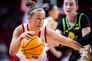 Nebraska Cornhusker guard Callin Hake (14) dribbles the ball against the Oregon Ducks in the third quarter during a college women’s basketball game Wednesday, February 19, 2025 in Lincoln, Nebraska. Photo by John S. Peterson.