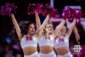 Nebraska Cornhuskers Scarlets dance team perform at a break in the action against the Oregon Ducks in the second quarter during a college women’s basketball game Wednesday, February 19, 2025 in Lincoln, Nebraska. Photo by John S. Peterson.