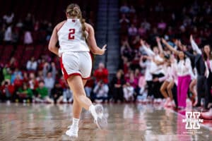 Nebraska Cornhusker guard Logan Nissley (2) celebrates making a three-point shot against the Oregon Ducks in the secon quarter during a college women’s basketball game Wednesday, February 19, 2025 in Lincoln, Nebraska. Photo by John S. Peterson.