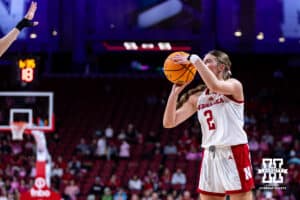 Nebraska Cornhusker guard Logan Nissley (2) puts up a three-point shot against the Oregon Ducks in the second quarter during a college women’s basketball game Wednesday, February 19, 2025 in Lincoln, Nebraska. Photo by John S. Peterson.