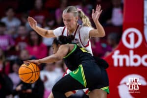Nebraska Cornhusker guard Alberte Rimdal (5) guarding Oregon Duck guard Deja Kelly (25) in the second quarter during a college women’s basketball game Wednesday, February 19, 2025 in Lincoln, Nebraska. Photo by John S. Peterson.