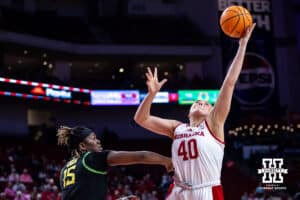 Nebraska Cornhusker center Alexis Markowski (40) grabs a rebound against Oregon Duck center Phillipina Kyei (15) in the second quarter during a college women’s basketball game Wednesday, February 19, 2025 in Lincoln, Nebraska. Photo by John S. Peterson.