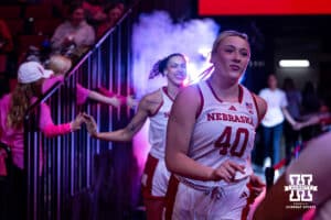 Nebraska Cornhusker center Alexis Markowski (40) runs out to the court to take on the Oregon Ducks during a college women’s basketball game Wednesday, February 19, 2025 in Lincoln, Nebraska. Photo by John S. Peterson.