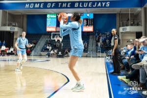 Creighton Bluejays Kiani Lockett shoots a three pointer during a college basketball game against St. Johns on February 19th, 2025 in Omaha Nebraska. Photo by Brandon Tiedemann.