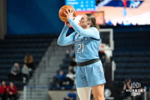 Creighton Bluejays Molly Mogensen shoots a three during a college basketball game against St. Johns on February 19th, 2025 in Omaha Nebraska. Photo by Brandon Tiedemann.