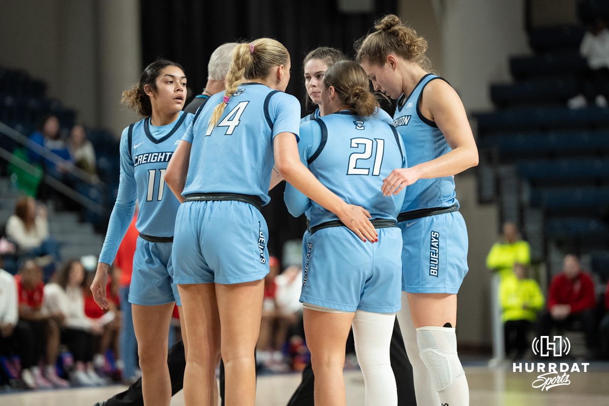 Creighton Bluejays vs St.Johns 2025-2-19 Creighton Bluejays huddle during a college basketball game against St. Johns on February 19th, 2025 in Omaha Nebraska. Photo by Brandon Tiedemann.