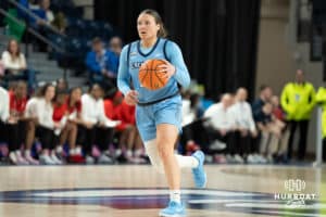Creighton Bluejays Molly Mogensen pushes the ball up court during a college basketball game against St. Johns on February 19th, 2025 in Omaha Nebraska. Photo by Brandon Tiedemann.