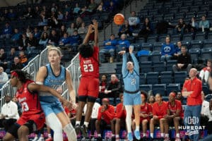 Creighton Bluejays Molly Mogensen attempts a three during a college basketball game against St. Johns on February 19th, 2025 in Omaha Nebraska. Photo by Brandon Tiedemann.