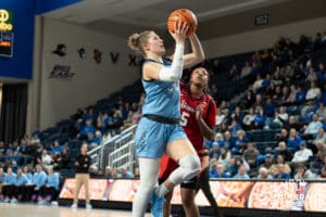 Creighton Bluejays Morgan Maly looks to shoot a lay up during a college basketball game against St. Johns on February 19th, 2025 in Omaha Nebraska. Photo by Brandon Tiedemann.