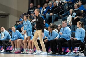 Creighton Bluejay head coach Jim Flanery gets upset during a college basketball game against St. Johns on February 19th, 2025 in Omaha Nebraska. Photo by Brandon Tiedemann.