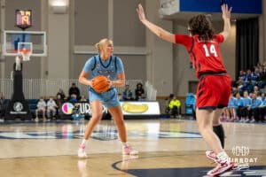 Creighton Bluejays Mallory Brake looks to pass during a college basketball game against St. Johns on February 19th, 2025 in Omaha Nebraska. Photo by Brandon Tiedemann.